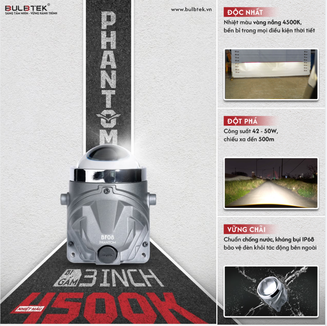 Sức mạnh ánh sáng vượt trội từ chip LED của Bi gầm 3 inch Phantom Bulbtek