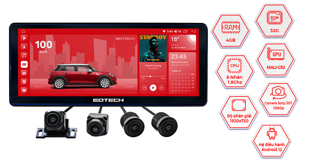 Gotech GT12.3i 360: Cấu hình mạnh mẽ với RAM 6GB, ROM 128GB, CPU 8 nhân - 1.8GHz, và hệ điều hành Android 12 mới nhất.